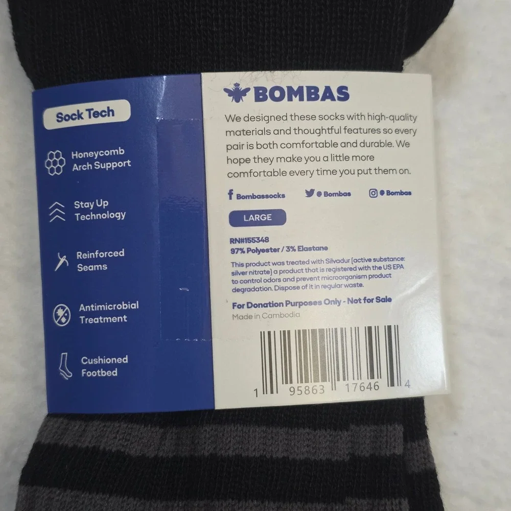 10 Pair Lot Bombas Crew Socks Mens Large Size 10-13 Black Honeycomb Arch Support